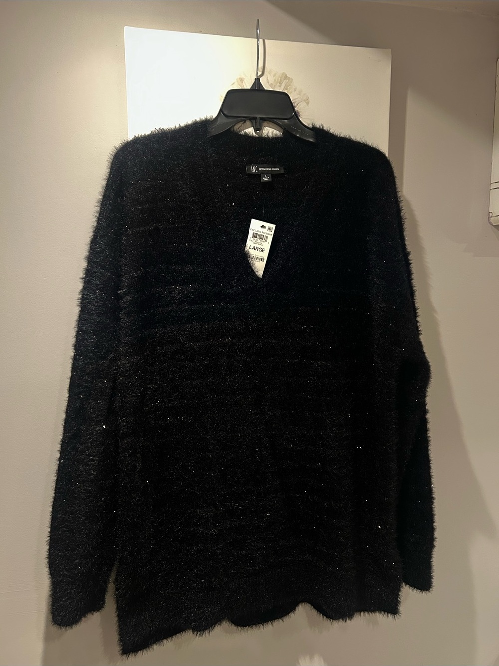 INC International Concepts Fuzzy Metallic Stripe V Neck Sweater Large NWT